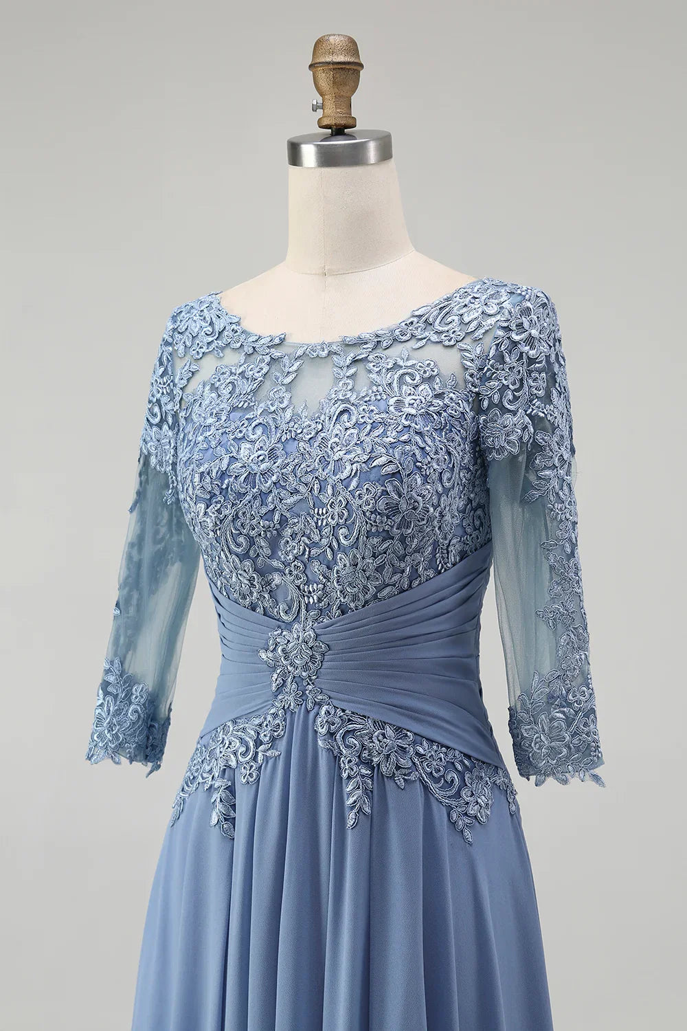Unique A-Line Illusion Neck Long Sleeve Zipper Up Floor-Length Mother of the Bride Dress