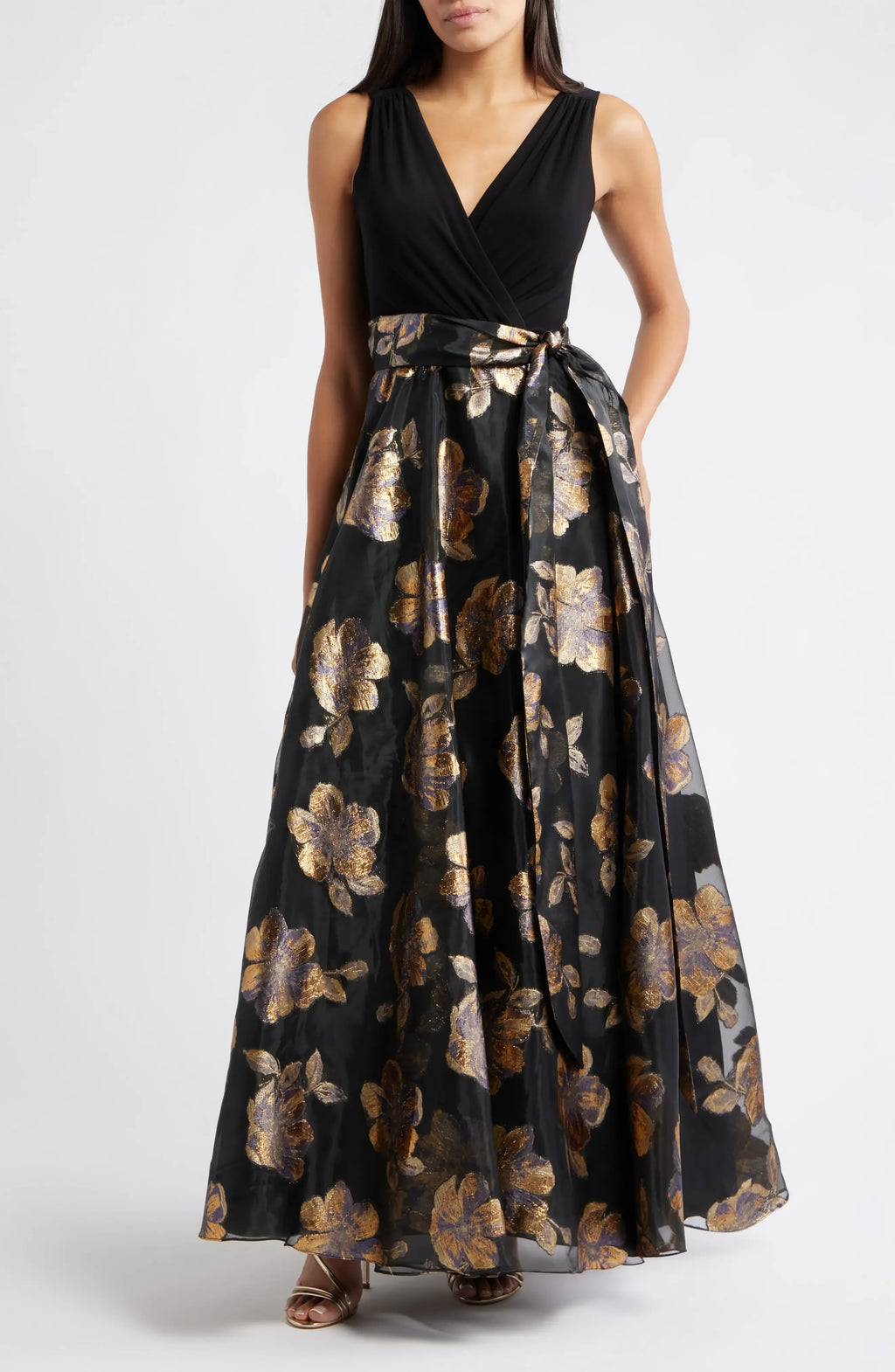 Unique A-Line V Neck Sleeveless V Back Floor-Length Prom Dress