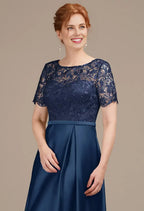 Unique A-line Bateau Neck Short Sleeves Pleated Ankle Length Mother of the Bride Dress