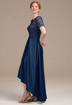 Unique A-line Bateau Neck Short Sleeves Pleated Ankle Length Mother of the Bride Dress