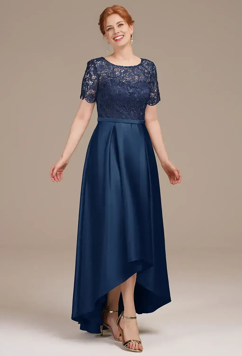 Unique A-line Bateau Neck Short Sleeves Pleated Ankle Length Mother of the Bride Dress