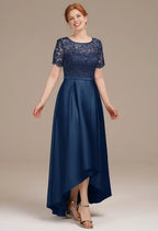 Unique A-line Bateau Neck Short Sleeves Pleated Ankle Length Mother of the Bride Dress