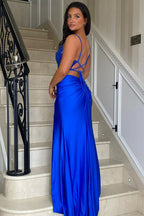 Unique Mermaid Corset Sleeveless Slit Sweep Train Prom Dress