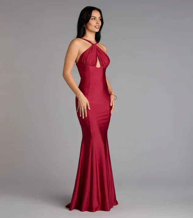 Unique Mermaid Halter Neck Sleeveless Up Sweep/Brush Train Prom Dress