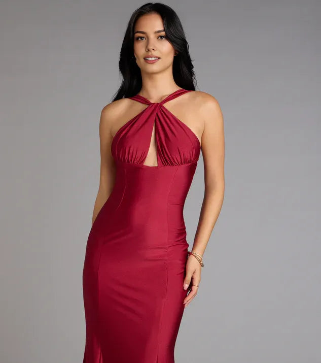 Unique Mermaid Halter Neck Sleeveless Up Sweep/Brush Train Prom Dress