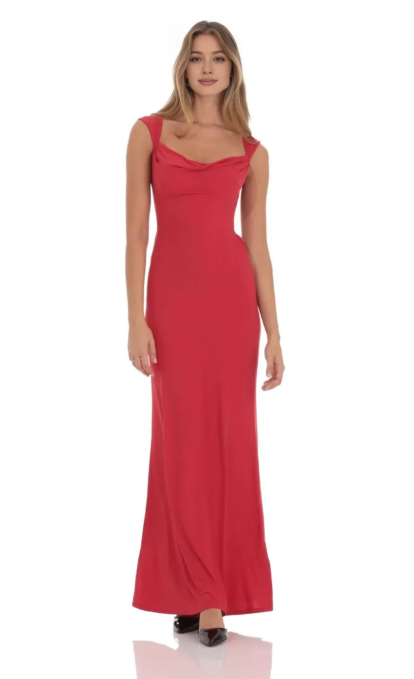 Unique Sheath/Column Cowl Neck Cap Sleeve Open Back Up Floor-Length Prom Dress