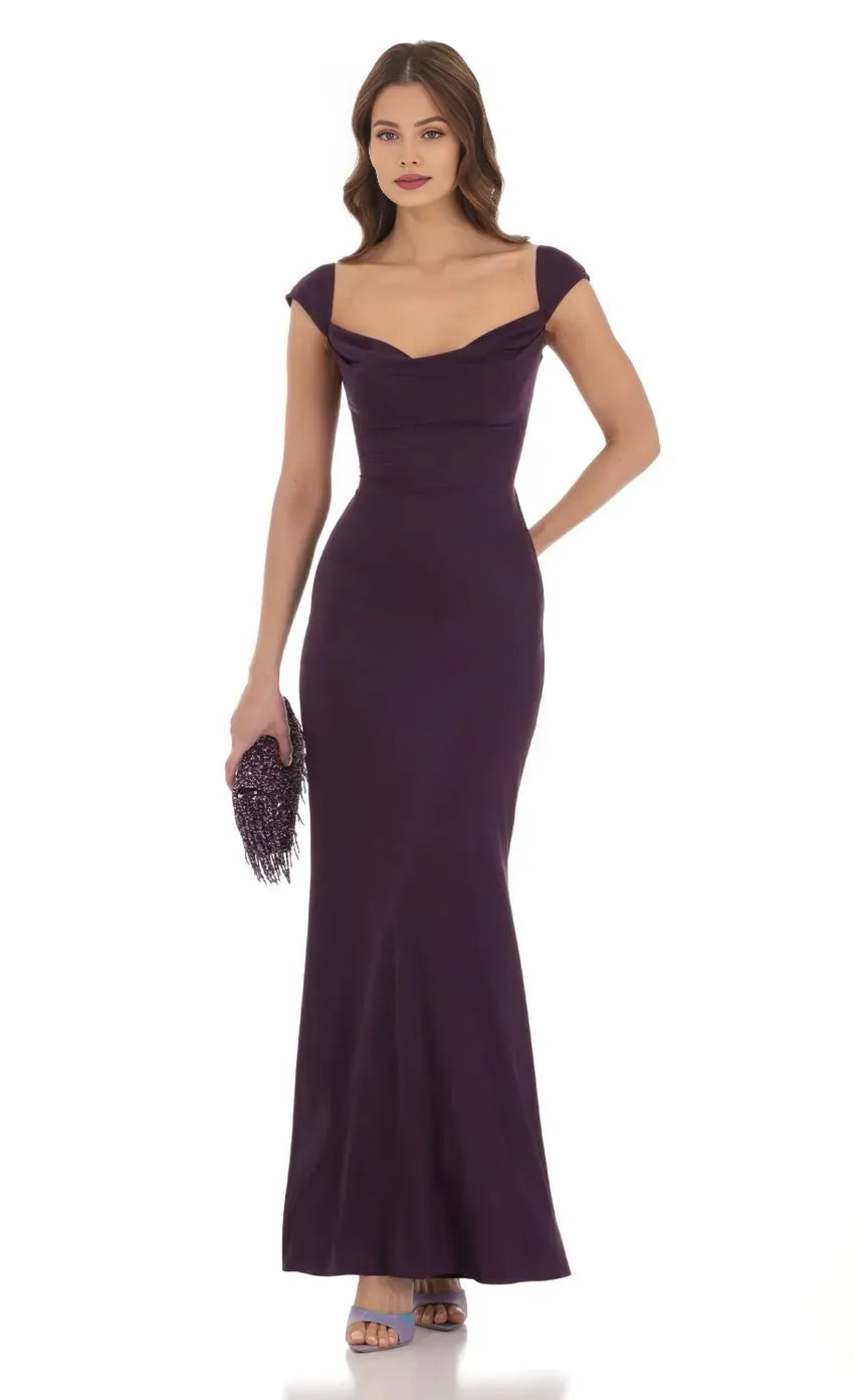 Unique Sheath/Column Cowl Neck Cap Sleeve Open Back Up Floor-Length Prom Dress
