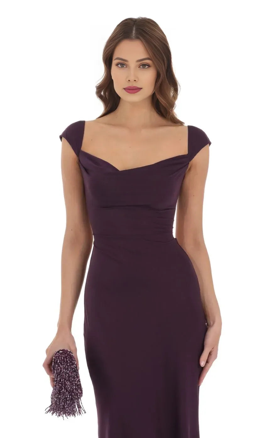 Unique Sheath/Column Cowl Neck Cap Sleeve Open Back Up Floor-Length Prom Dress