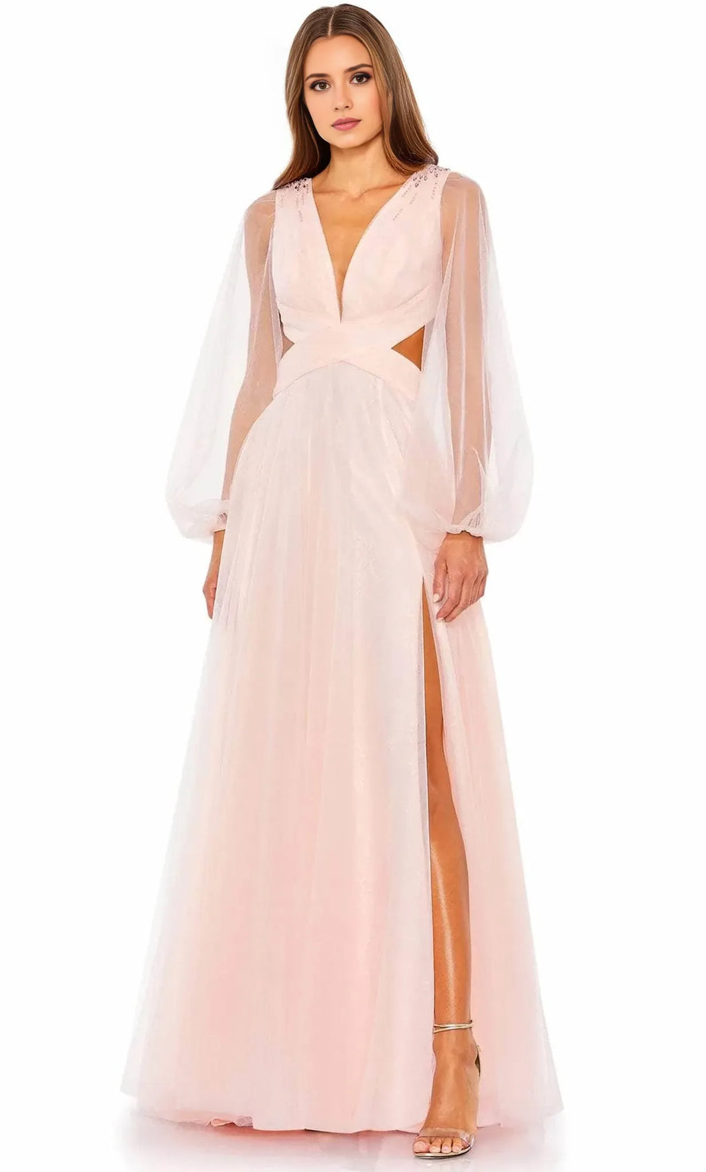 V-Neck Long Sleeves A-Line Romantic Floor Length Prom Dress Hot Sale For Ladies