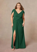 Dress Mermaid V-Neck Pleated Mother Of The Bride Evening Dress Classic Cape Sleeve Leg Slit Plus Size Mother Of The Groom Dresses