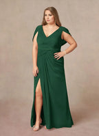 Dress Mermaid V-Neck Pleated Mother Of The Bride Evening Dress Classic Cape Sleeve Leg Slit Plus Size Mother Of The Groom Dresses