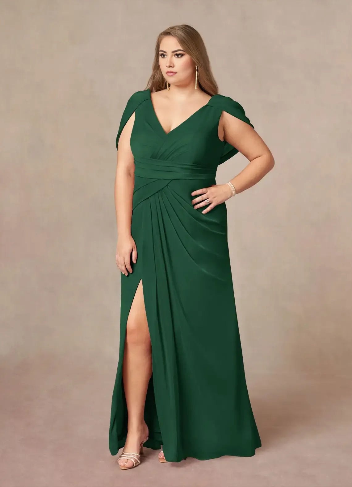 Dress Mermaid V-Neck Pleated Mother Of The Bride Evening Dress Classic Cape Sleeve Leg Slit Plus Size Mother Of The Groom Dresses