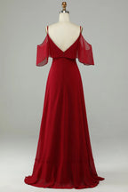 V-Neck Sleeveless A-Line Elegant Burgundy Off the shoulder Floor length Party Dress Hot Sale For ladies