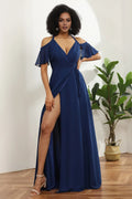 V-Neck Sleeveless A-Line Unique Off the shoulder Floor Length Prom Dress Hot Sale For Adults