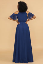 V-Neck Sleeveless A-Line Unique Off the shoulder Floor Length Prom Dress Hot Sale For Adults