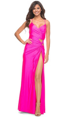 V-Neck Sleeveless Sheath Neon Pink Simple Off the shoulder Floor length Long Prom Dress Hot Sale For Women