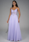 A-line V-Neck Spaghetti Straps Floor Length Prom Dresses Sleeveless Applique Formal Evening Dresses
