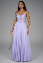 A-line V-Neck Spaghetti Straps Floor Length Prom Dresses Sleeveless Applique Formal Evening Dresses