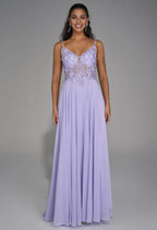 A-line V-Neck Spaghetti Straps Floor Length Prom Dresses Sleeveless Applique Formal Evening Dresses