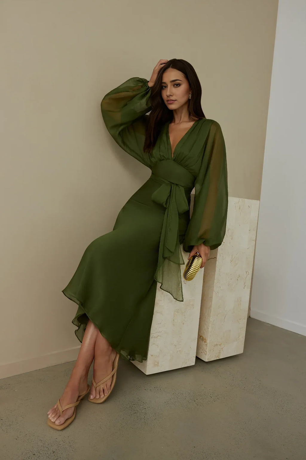 Green V Neck Ankle-Length Dress Sheer Balloon Sleeves Sheath Simple Zipper Up Prom Dress With Scarf