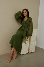 Green V Neck Ankle-Length Dress Sheer Balloon Sleeves Sheath Simple Zipper Up Prom Dress With Scarf