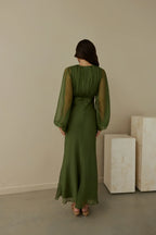 Green V Neck Ankle-Length Dress Sheer Balloon Sleeves Sheath Simple Zipper Up Prom Dress With Scarf