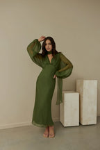 Green V Neck Ankle-Length Dress Sheer Balloon Sleeves Sheath Simple Zipper Up Prom Dress With Scarf