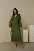 Green V Neck Ankle-Length Dress Sheer Balloon Sleeves Sheath Simple Zipper Up Prom Dress With Scarf
