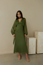 Green V Neck Ankle-Length Dress Sheer Balloon Sleeves Sheath Simple Zipper Up Prom Dress With Scarf
