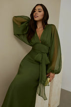 Green V Neck Ankle-Length Dress Sheer Balloon Sleeves Sheath Simple Zipper Up Prom Dress With Scarf