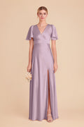 V Neck Flutter Short Sleeve Satin Bridesmaid Dress High Slit A Line Floor Length Empire Waist Wedding Guest Formal Gown