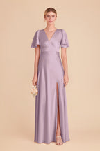 V Neck Flutter Short Sleeve Satin Bridesmaid Dress High Slit A Line Floor Length Empire Waist Wedding Guest Formal Gown