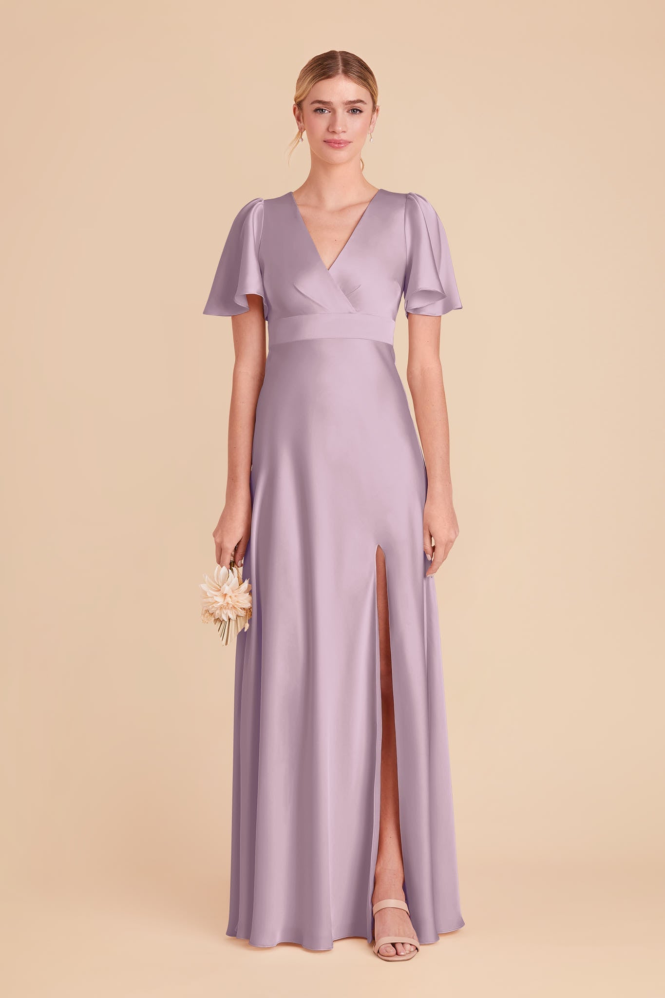 V Neck Flutter Short Sleeve Satin Bridesmaid Dress High Slit A Line Floor Length Empire Waist Wedding Guest Formal Gown