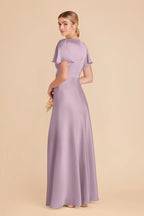 V Neck Flutter Short Sleeve Satin Bridesmaid Dress High Slit A Line Floor Length Empire Waist Wedding Guest Formal Gown
