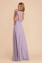 V Neck Flutter Sleeve Chiffon Bridesmaid Dress Back Tie High Slit A Line Floor Length Plus Size Wedding Guest Gown