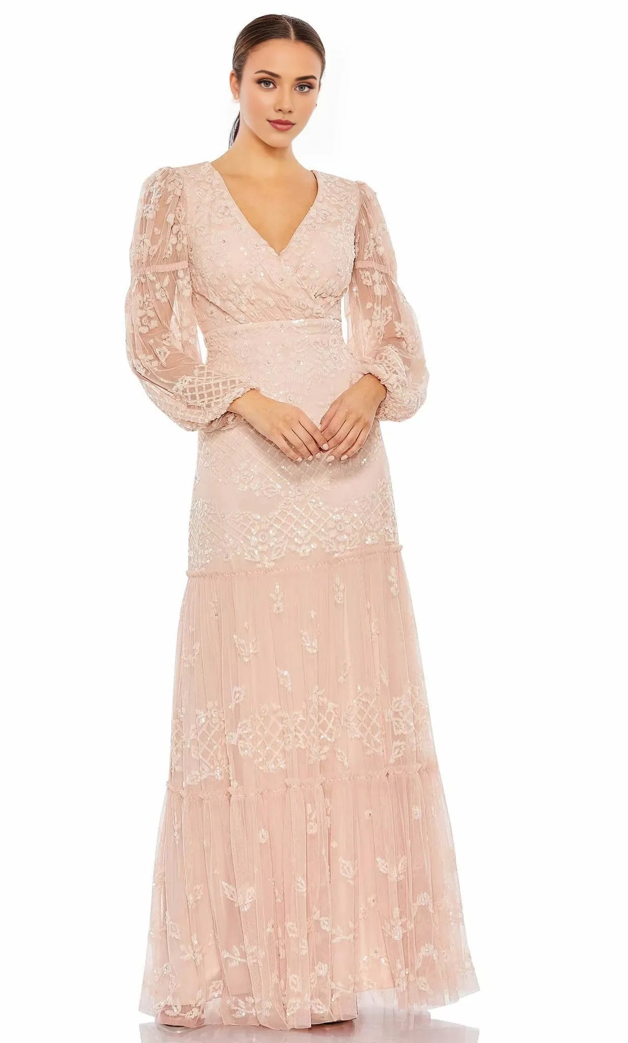 V Neck Long Sleeves A-line Modest Floor length Long Prom Dress For Sale For Ladies