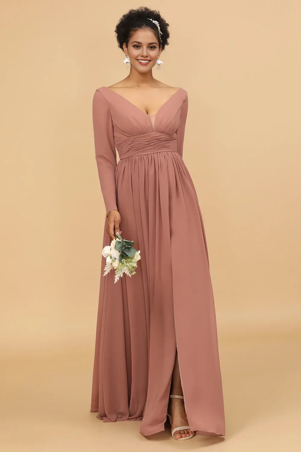 V Neck Long Sleeves A-line Simple Off the shoulder Floor length Party Dress Hot Sale For women