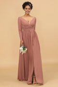V Neck Long Sleeves A-line Simple Off the shoulder Floor length Party Dress Hot Sale For women