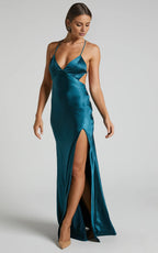 Teal V Neck Open Back Bias Cut Floor-Length Dress Sheath Solid Color Simple Backless Evening Dress