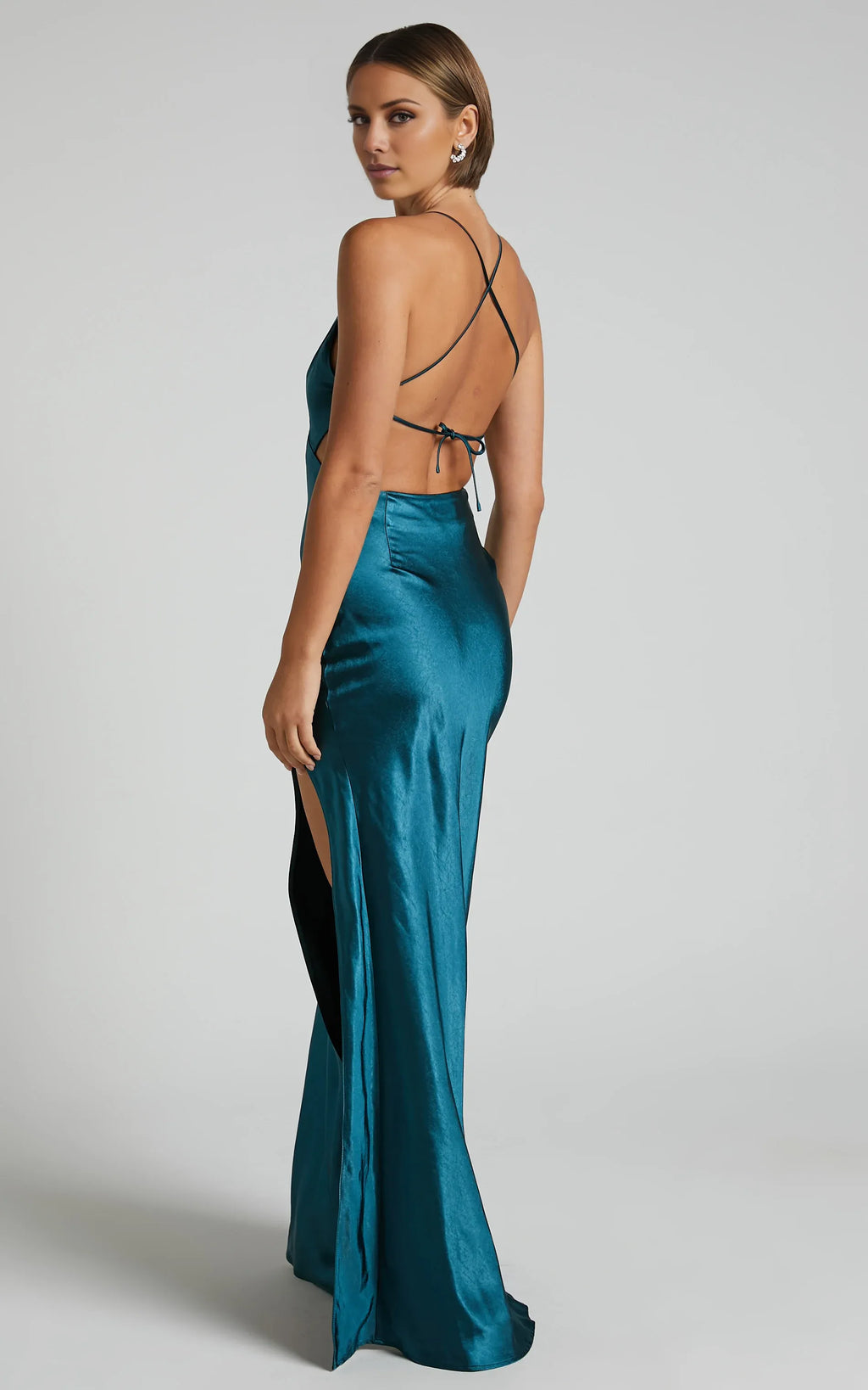 Teal V Neck Open Back Bias Cut Floor-Length Dress Sheath Solid Color Simple Backless Evening Dress