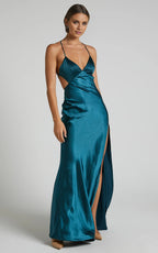 Teal V Neck Open Back Bias Cut Floor-Length Dress Sheath Solid Color Simple Backless Evening Dress
