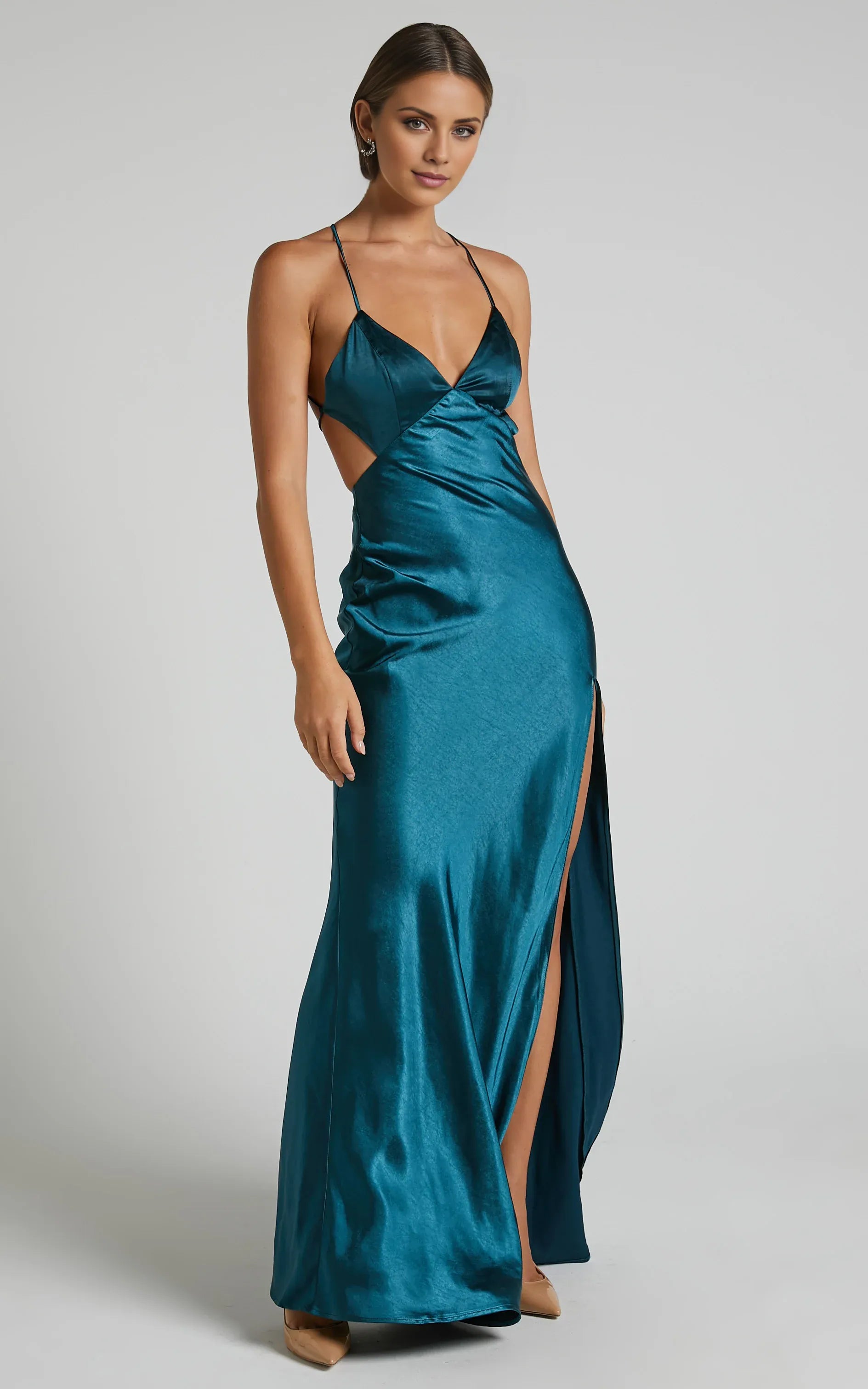 Teal V Neck Open Back Bias Cut Floor-Length Dress Sheath Solid Color Simple Backless Evening Dress