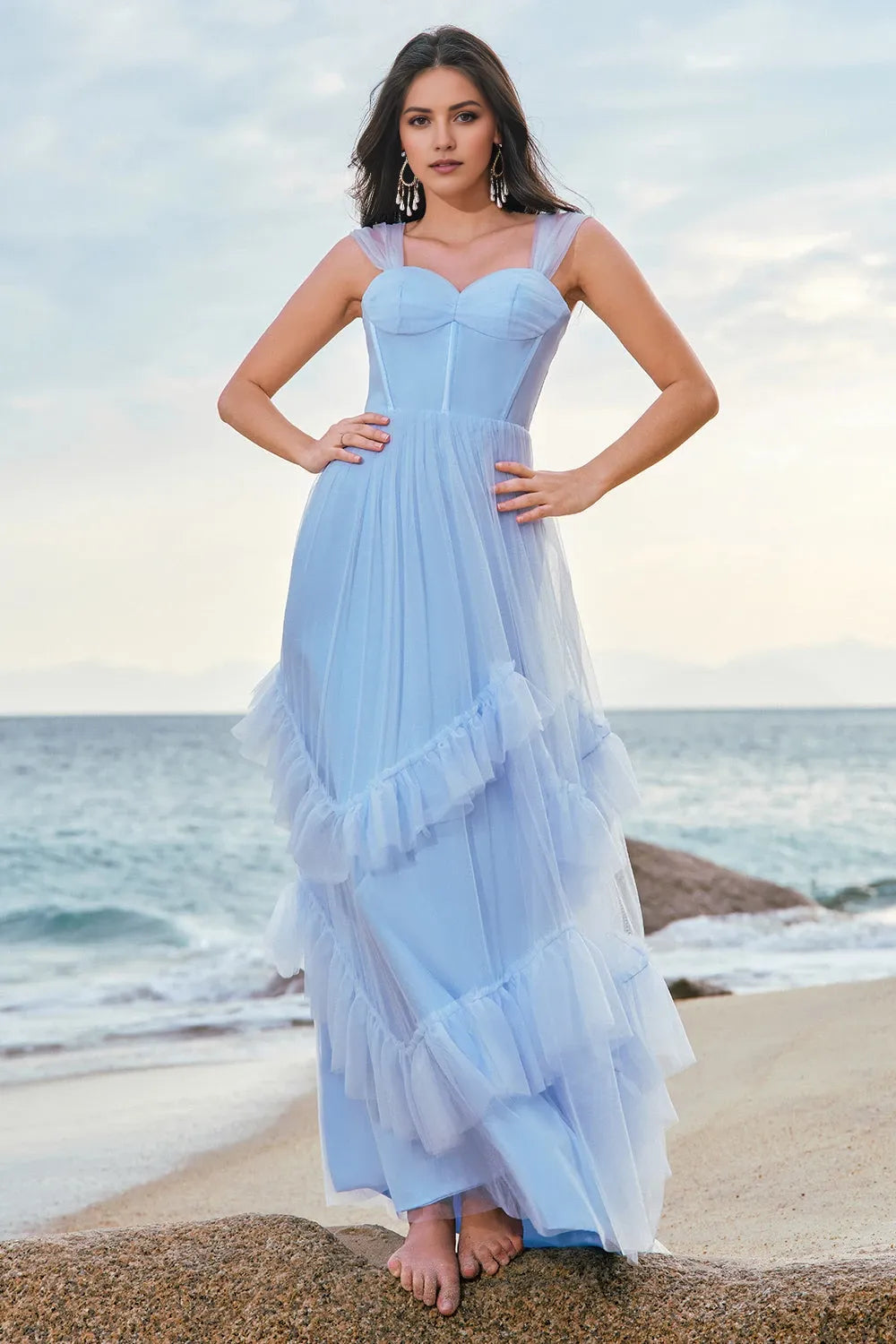 Robe de bal vintage en tulle, col en V, sans manches, coupe trapèze, épaules dénudées, longueur ras du sol, pour femmes