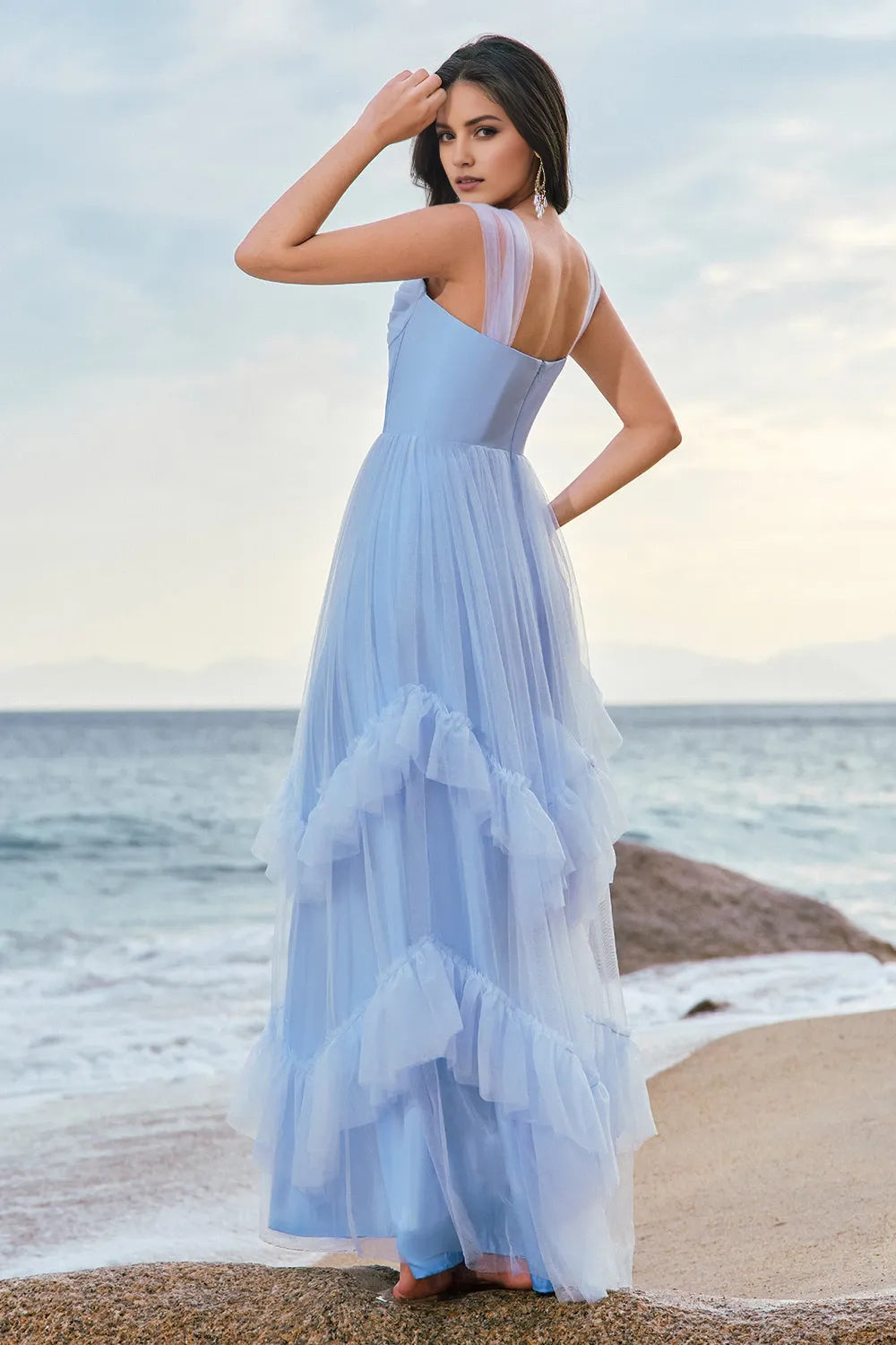 Robe de bal vintage en tulle, col en V, sans manches, coupe trapèze, épaules dénudées, longueur ras du sol, pour femmes