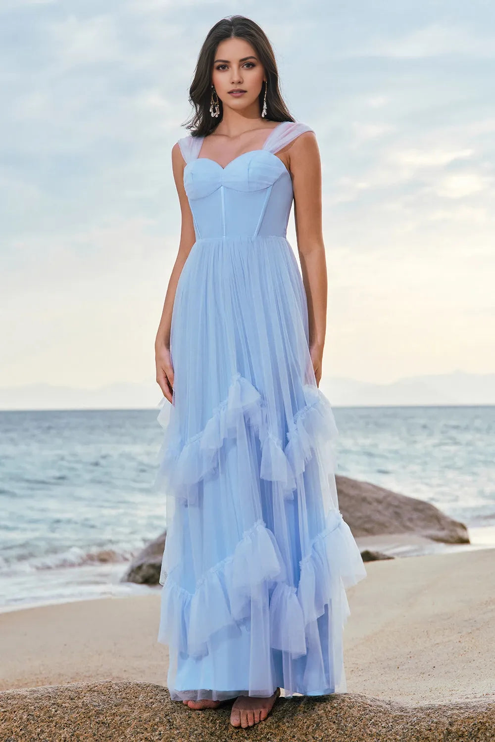 Robe de bal vintage en tulle, col en V, sans manches, coupe trapèze, épaules dénudées, longueur ras du sol, pour femmes