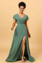 V Neck Sleeveless A-line Trendy Off the shoulder Floor length Party Dress Hot Sale For women