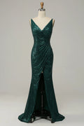 V Neck Sleeveless Sheath Shiny Off the shoulder Floor length Party Dress Hot Sale For women