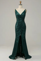 V Neck Sleeveless Sheath Shiny Off the shoulder Floor length Party Dress Hot Sale For women