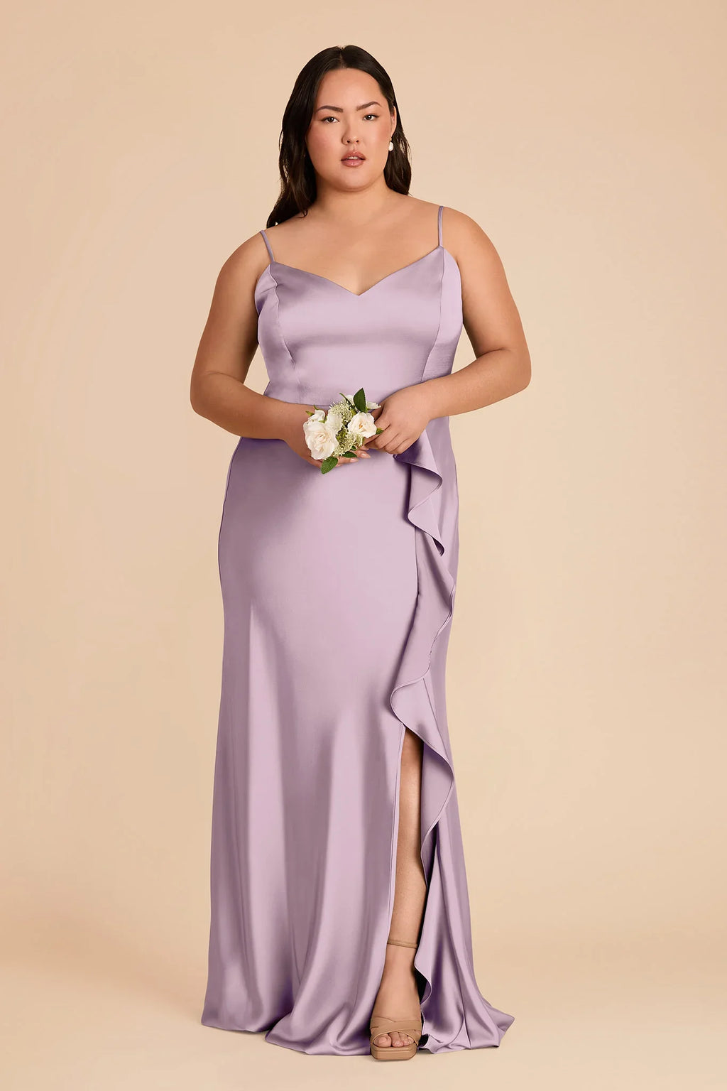 V Neck Spaghetti Strap Satin Bridesmaid Dress Ruffle Trim High Slit A Line Floor Length Plus Size Wedding Guest Gown