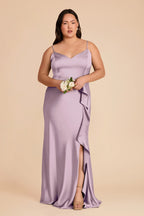 V Neck Spaghetti Strap Satin Bridesmaid Dress Ruffle Trim High Slit A Line Floor Length Plus Size Wedding Guest Gown